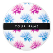 Roze en Blauwe Dahlia, Bloemenpatroon, Jouw naam Keramische Knop (Voorkant)