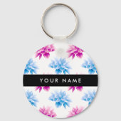 Roze en Blauwe Dahlia, Bloemenpatroon, Jouw naam Sleutelhanger (Voorkant)