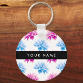 Roze en Blauwe Dahlia, Bloemenpatroon, Jouw naam Sleutelhanger (Voorkant)