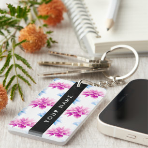 Roze en Blauwe Dahlia, Bloemenpatroon, Jouw naam Sleutelhanger