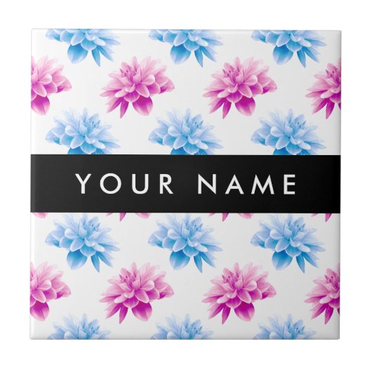 Roze en Blauwe Dahlia, Bloemenpatroon, Jouw naam Tegeltje (Voorkant)