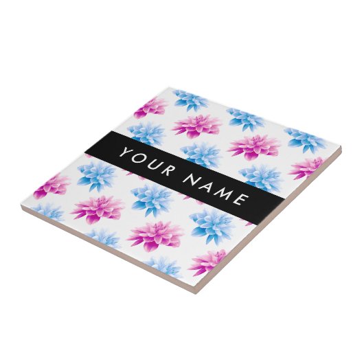 Roze en Blauwe Dahlia, Bloemenpatroon, Jouw naam Tegeltje (Zijkant)