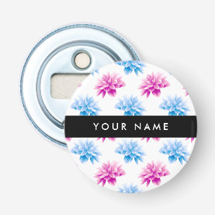 Roze en Blauwe Dahlia, Bloemmotief, Uw Naam Button Flesopener