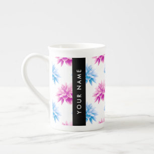 Roze en Blauwe Dahlia, Bloemmotief, Uw Naam Porselein Kop
