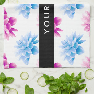 Roze en Blauwe Dahlia, Bloemmotief, Uw Naam Theedoek