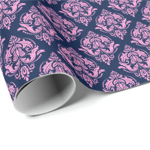 Roze en blauwe  Damaspatroonpatroon Cadeaupapier