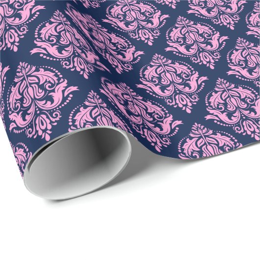 Roze en blauwe  Damaspatroonpatroon Cadeaupapier (Rol Hoek)