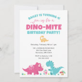 Roze en Blauwe Dinosaurus Verjaardagsfeestje Kaart (Voorkant)