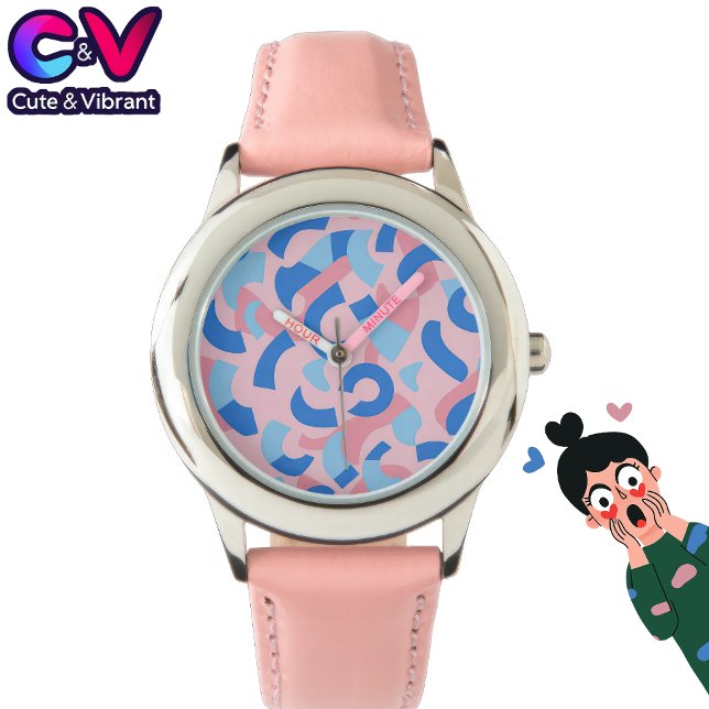 Roze en Blauwe Doodle Patroon Horloge (Creator heeft geüpload)