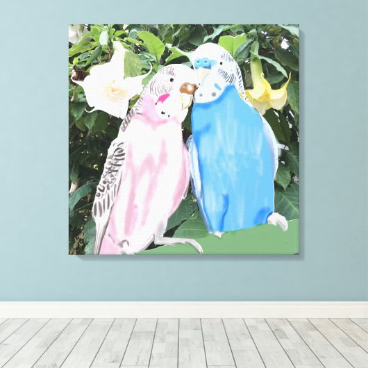 Roze en blauwe draaistellen tegen Angel Trumpets Canvas Afdruk (Insitu (Houten vloer))