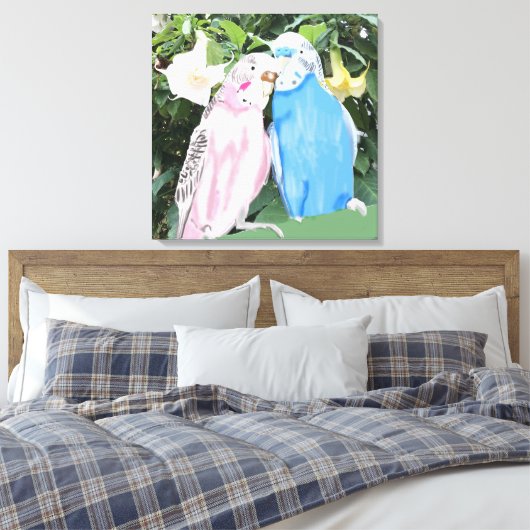Roze en blauwe draaistellen tegen Angel Trumpets Canvas Afdruk (Insitu (Slaapkamer))