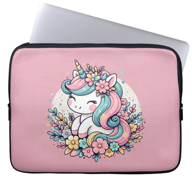 Roze en blauwe eenhoorn en bloemen laptop sleeve (Voorkant)
