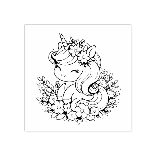 Roze en blauwe eenhoorn en bloemen rubberstempel (Afrduk)