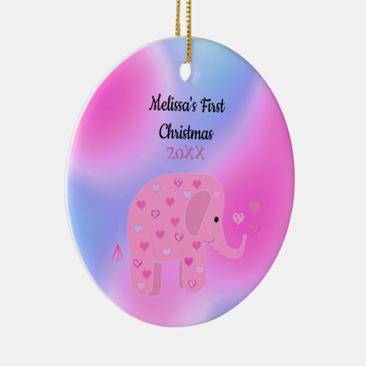 Roze en Blauwe Elephant Baby, eerste Kerstmis Keramisch Ornament (Rechts)