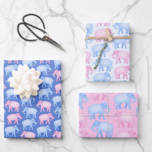 Roze en Blauwe Elephants Baby Birthday of Shower Inpakpapier Vel (Voorkant)