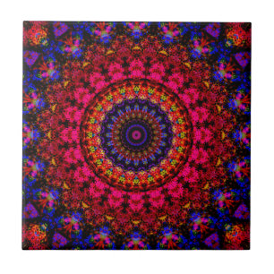 Roze en blauwe etnische Damask mandala kaleidoscoo Tegeltje