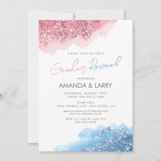 Roze en blauwe faux Glitter Gender onthulling Kaart (Voorkant)