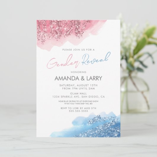 Roze en blauwe faux Glitter Gender onthulling Kaart (Staand voorkant)