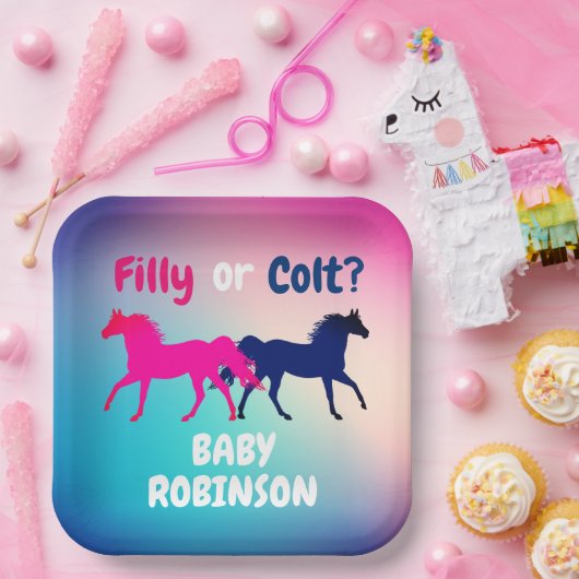 Roze en blauwe filly of kleur sekse onthullen papieren bordje (Feest)