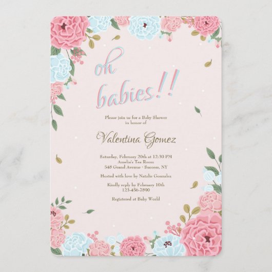 Roze en Blauwe Floral Baby shower Kaart (Voorkant)