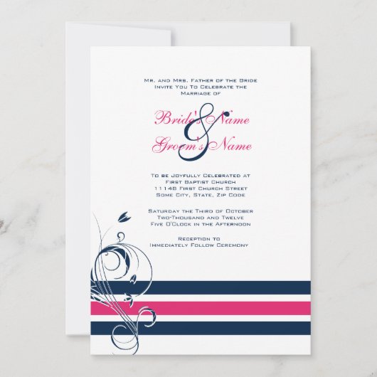 Roze en Blauwe Floral Bars Wedding Invitation Kaart (Voorkant)
