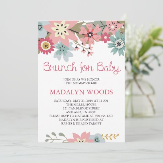 Roze en Blauwe Floral Brunch voor uitnodiging tot  (Staand voorkant)