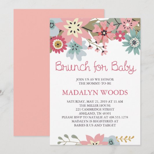 Roze en Blauwe Floral Brunch voor uitnodiging tot  (Voorkant / Achterkant)