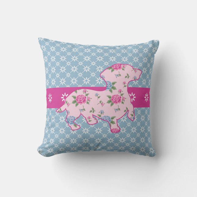 Roze en Blauwe Floral Dachshund Cotton Sierkussen (Voorkant)