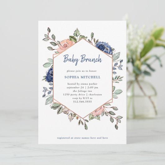 Roze en Blauwe Floral Geometric | Baby Brunch Kaart (Staand voorkant)