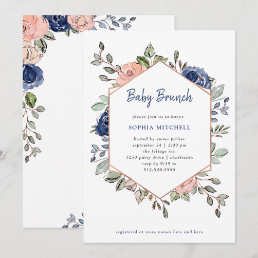Roze en Blauwe Floral Geometric | Baby Brunch Kaart (Voorkant / Achterkant)