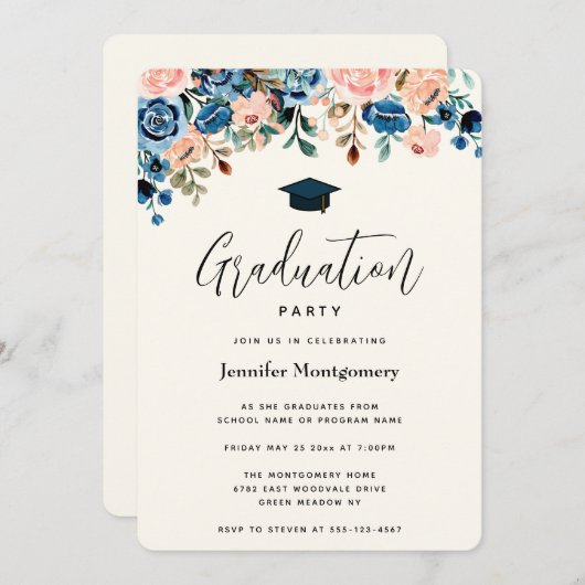 Roze en Blauwe Floral Grens met Afstuivingslampje Kaart (Voorkant / Achterkant)