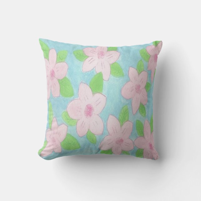 Roze en Blauwe Floral Pillow Kussen (Voorkant)