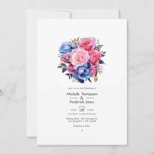 Roze en Blauwe Floral Wedding Kaart (Voorkant)