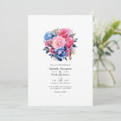Roze en Blauwe Floral Wedding Kaart (Staand voorkant)