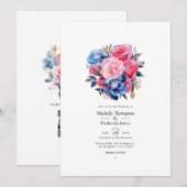 Roze en Blauwe Floral Wedding Kaart (Voorkant / Achterkant)