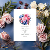 Roze en Blauwe Floral Wedding Kaart
