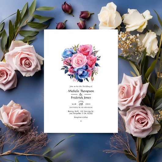 Roze en Blauwe Floral Wedding Kaart