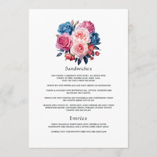 Roze en Blauwe Floral Wedding Menu (Achterkant)
