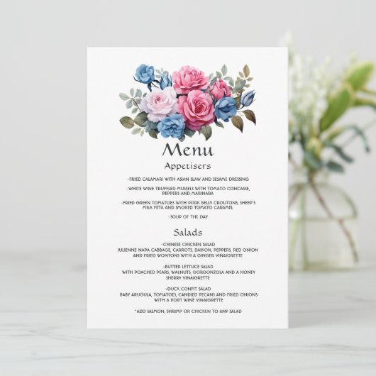 Roze en Blauwe Floral Wedding Menu (Staand voorkant)