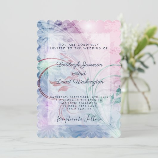 Roze en blauwe florale uitnodiging (Staand voorkant)