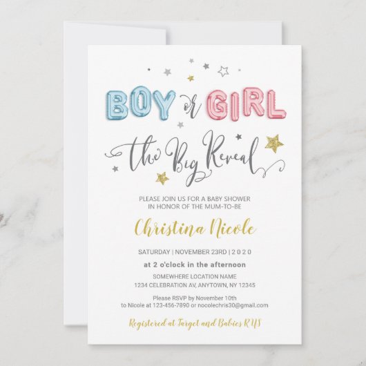 Roze en Blauwe Folie Ballonnen Baby shower Kaart (Voorkant)