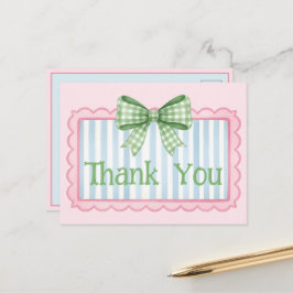 Roze en Blauwe Frame Groen Gingham Strik Bedankt Briefkaart