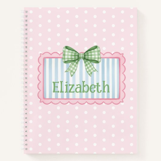 Roze en Blauwe Frame Met Groene Gingham Strik Notitieboek (Voorkant)
