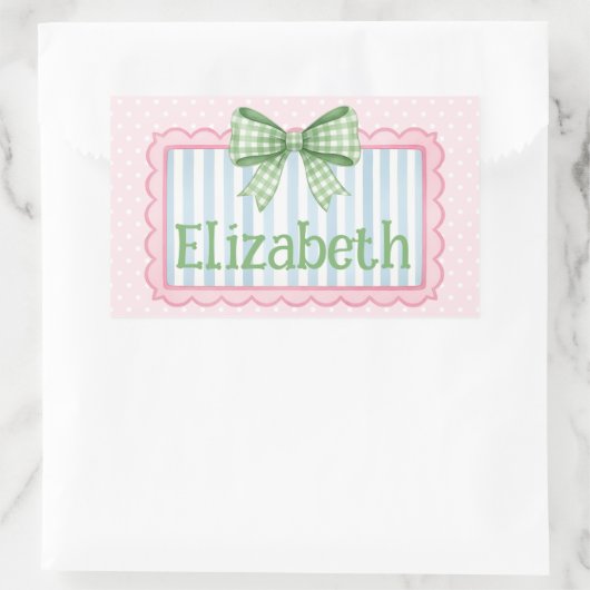 Roze en Blauwe Frame Met Groene Gingham Strik Rechthoekige Sticker (Tas)