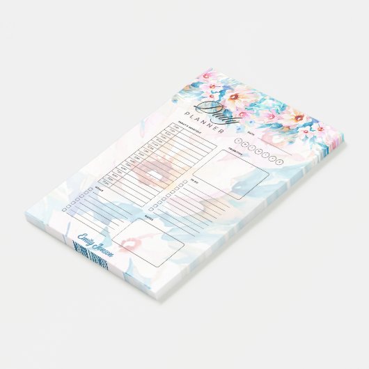 Roze en blauwe gebloemde gepersonaliseerde planner post-it® notes (Schuin)