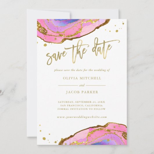 Roze en blauwe geode en goud | Datum opslaan Save The Date (Voorkant)