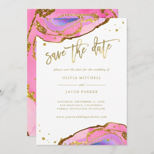 Roze en blauwe geode en goud | Datum opslaan Save The Date (Voorkant / Achterkant)