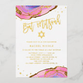 Roze en blauwe geode met goud | Bat Mitzvah Folie Uitnodiging (Voorkant)