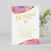 Roze en blauwe geode met goud | Bat Mitzvah Folie Uitnodiging (Staand Voorkant)