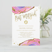 Roze en blauwe geode met goud | Bat Mitzvah Kaart (Staand voorkant)